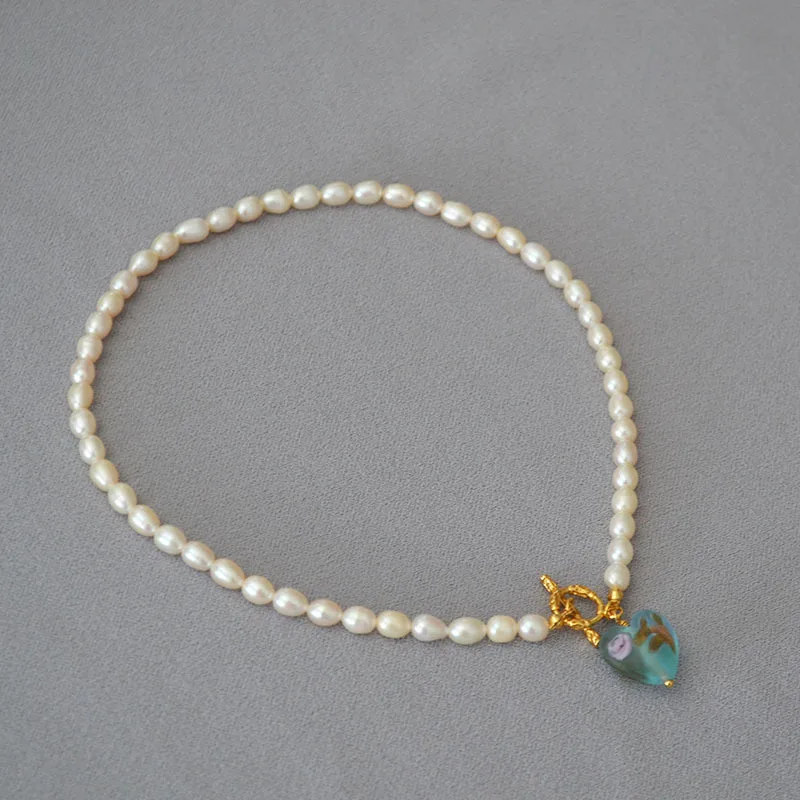 Freshwater Pearl Choker Arabesque Branch Hand-painted Flower Elegant Glass Love Heart Vintage OT Necklace