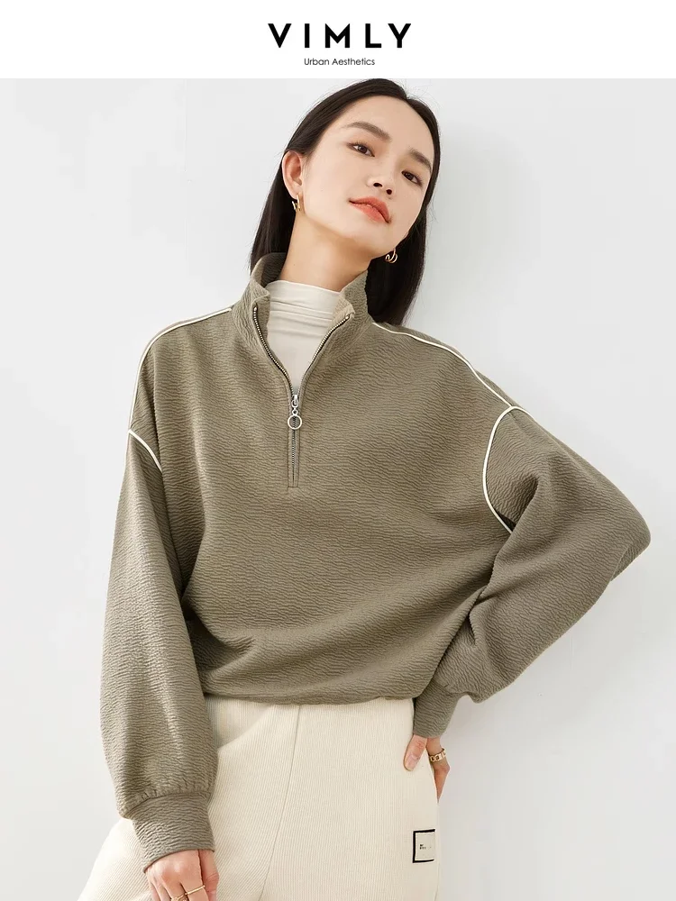 vimly-half-zip-stand-collar-sweatshirts-for-women-2024-spring-pullovers-contrast-trim-drop-sleeve-tops-woman-clothing-m3916