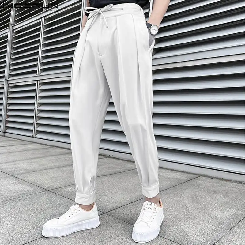 Men Trousers Fashion Men Pants Solid Color Lace Up Pleated Joggers Casual Trousers Men Loose Streetwear Leisure Long Pants S-5XL INCERUN