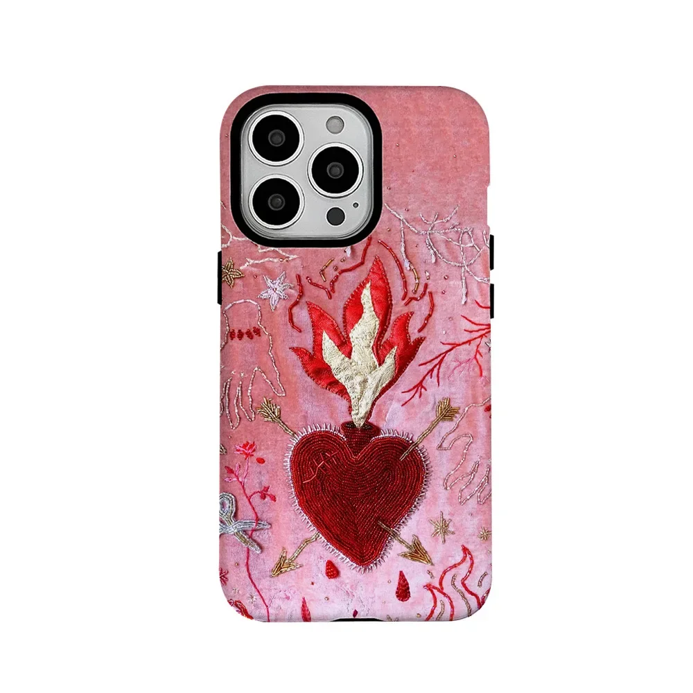 Funda de teléfono con diseño de corazón retro con llamas y amor para iPhone 16, 15, 14, 11, 12, 13 Pro Max, 11, funda de teléfono con diseño geométrico de animales en color rosa para iPhone XR MAX