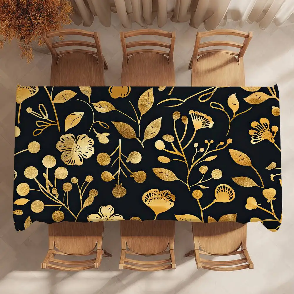 Black Gold Pattern Flower Table Cloth Party Decor Dining Room Home Kitchen Patios Waterproof Stain-Proof Table Cloth 3