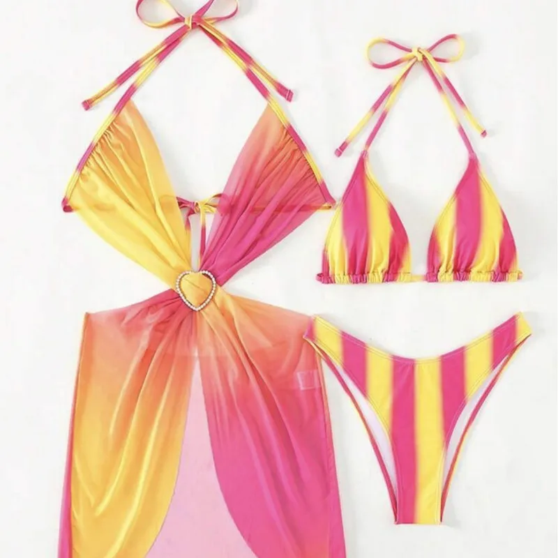 Women's Striped Print Tie Back Halter Ring Linked Cut Out Triangle Bikini Set with Ruched Cover Up