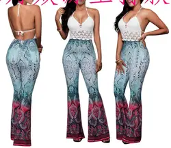 Woman Halter Flared Leg Jumpsuit Colorfull Printed Backless Patchwork Bodysuit Size 2XL