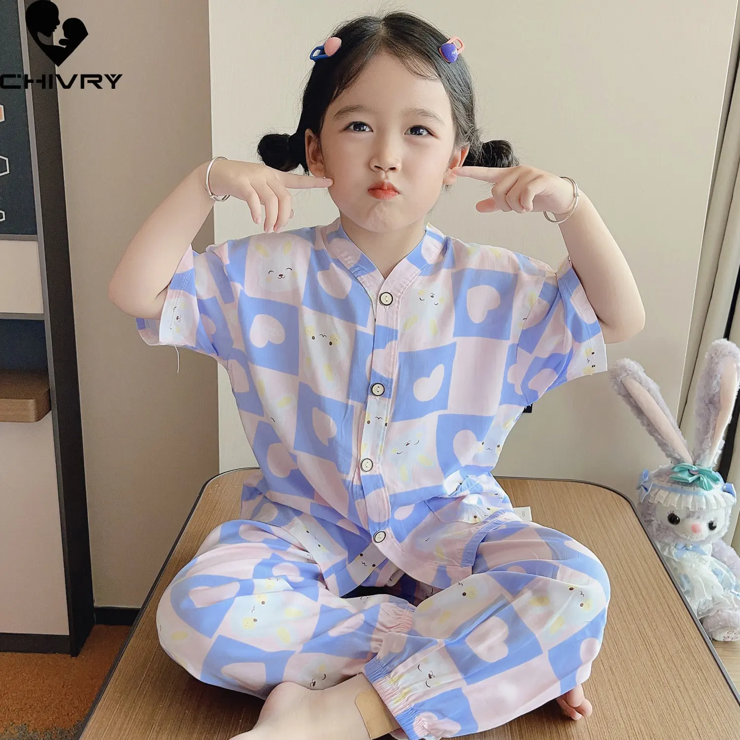 

Kids Summer Thin Clothing Sets New 2023 Boys Girls Cartoon Short Sleeve V-neck Cool Shirt Tops with Pants Baby Pajamas Homewear