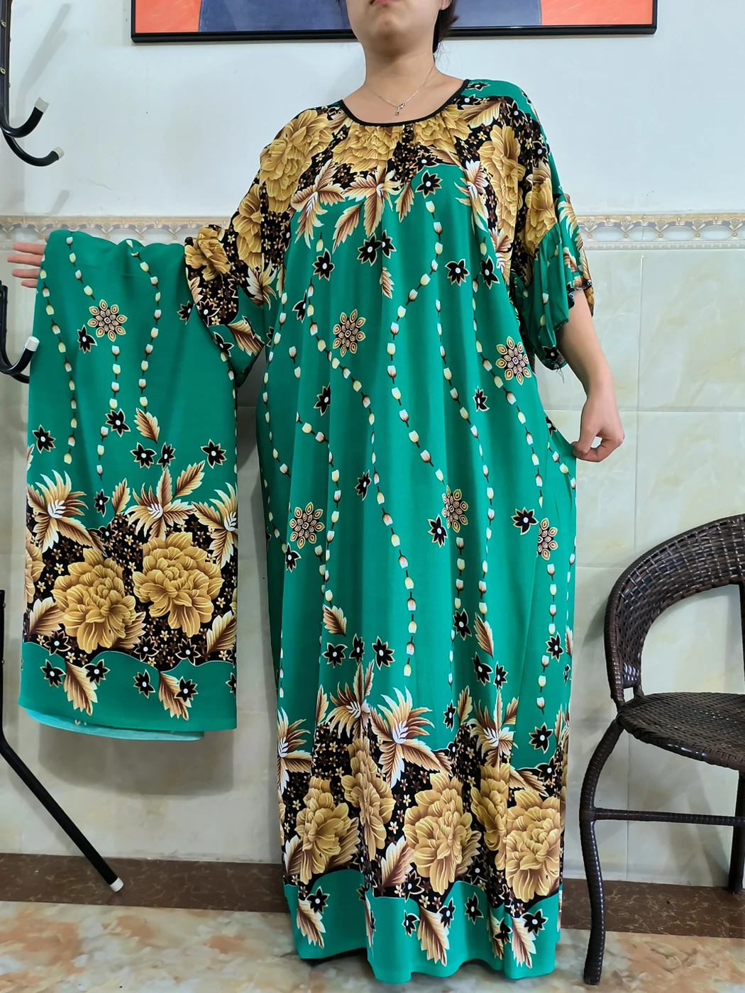 Muslim Abayas For Women Dubai Djellaba Printed Floral Femme Robe African Arabic O-neck Loose Dresses With Maxi Scarf Big Shawl