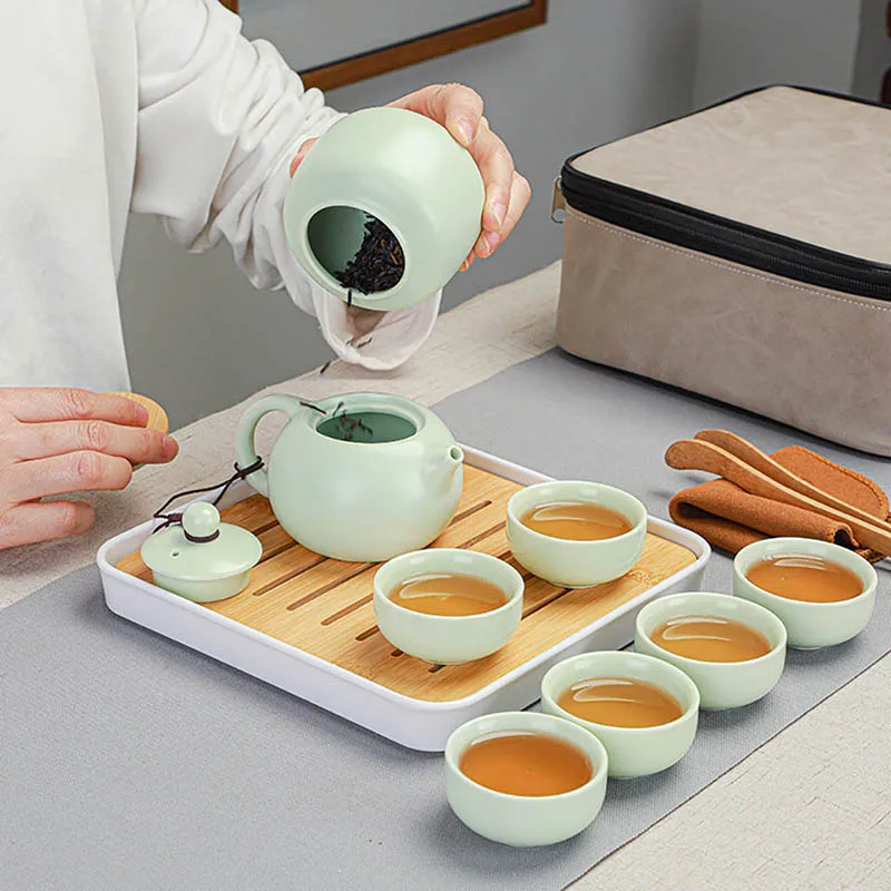 Traditional Chinese Enamel Tea Set Portable Ceramic Tea With 1 Teapot 6 Cup Tray Bag Lazy Susan Teaware Gift For Enthusiasts