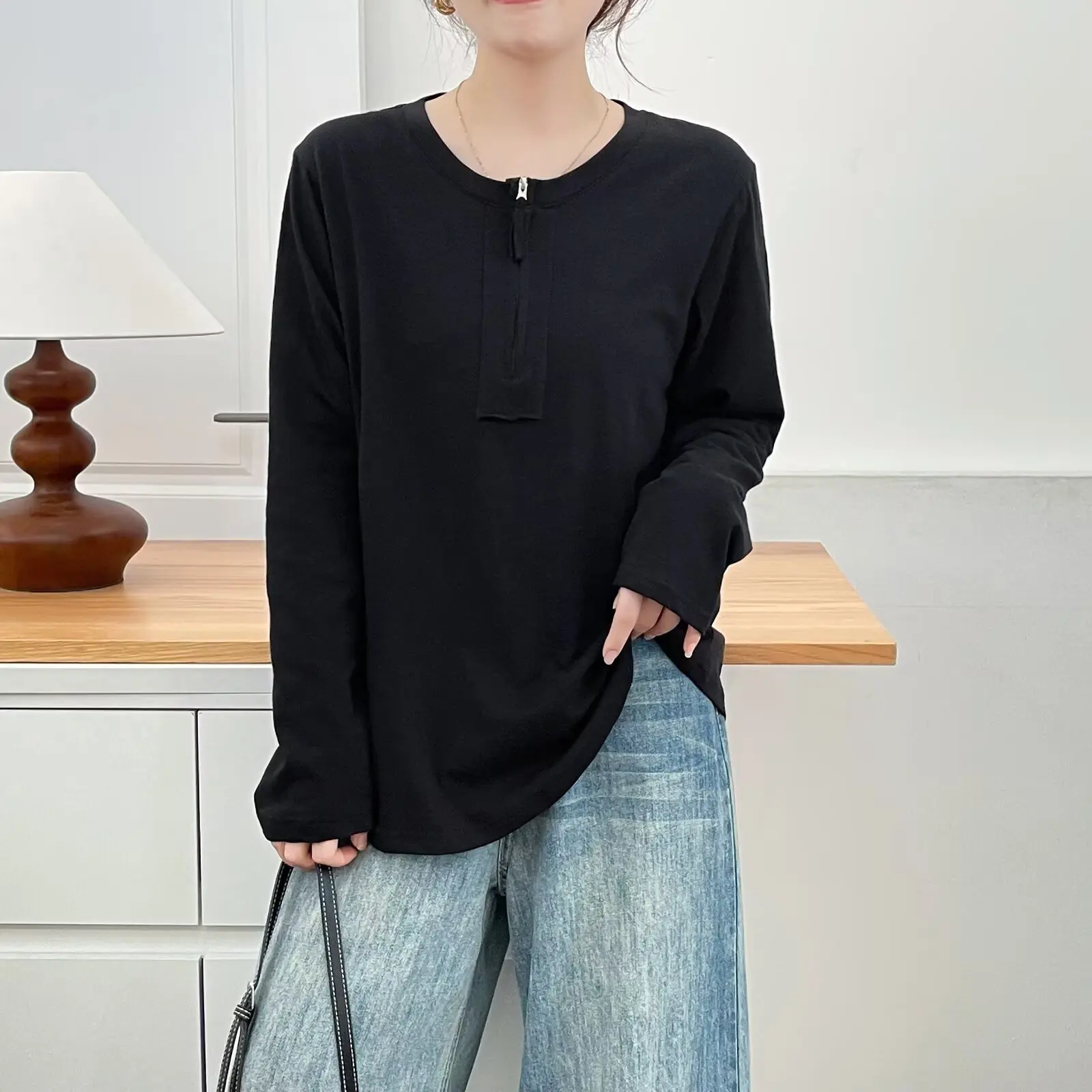 Plus Size Women's T-Shirt Casual Long Sleeve Zipper half-open Collar Solid Color Basic Tops 2555