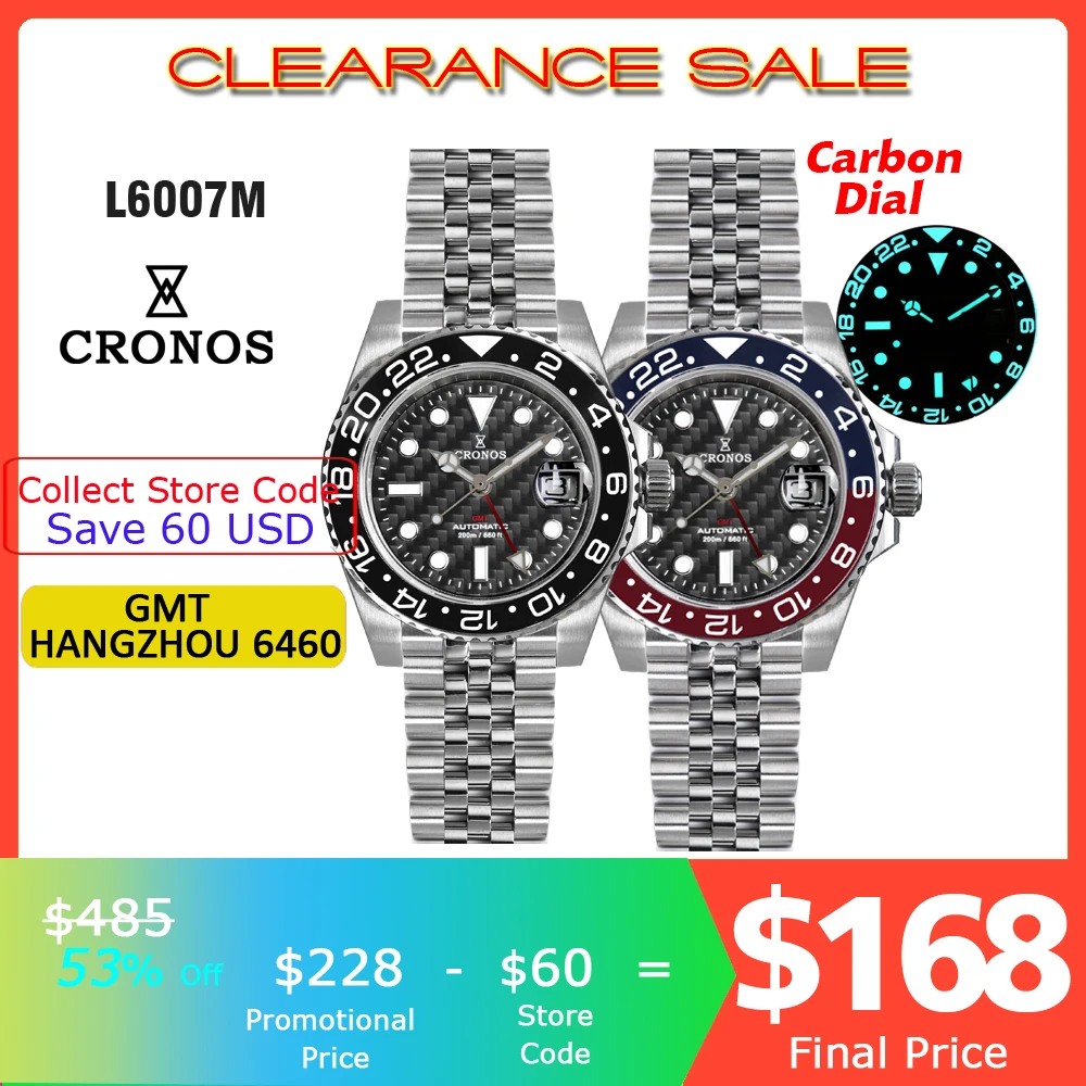 

Cronos GMT Automatic Men Watch Carbon Dial Bidirectional Bezel Sapphire 20 ATM Solid 5 links Metal Bracelet BGW-9 Lum