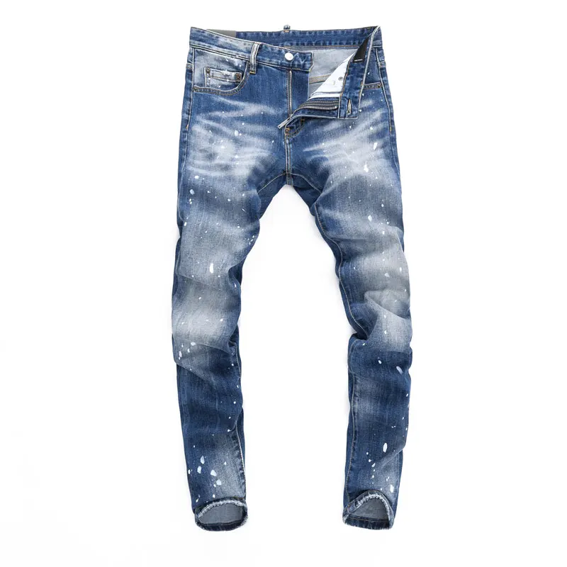 Newly Designer Fashion Men Jeans High Quality Retro Blue Stretch Slim Fit Ripped Jeans Men Painted Hip Hop Brand Pants Hombre