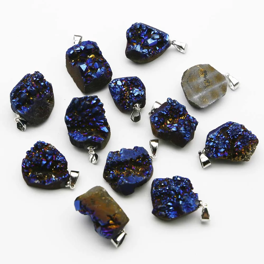 Natural Raw Ore Stone Electroplated Blue Colorful Irregular Crystal Cluster Pendant Necklace Jewelry Accessories Wholesale 12Pcs
