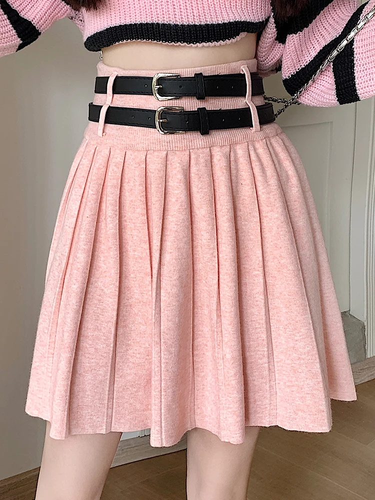 

QOERLIN with Double Belt Knitted Pleated Skirts Mini High Waist Loose Casual A-Line Pink Skirts Short Saias Mujer Korean Fashion