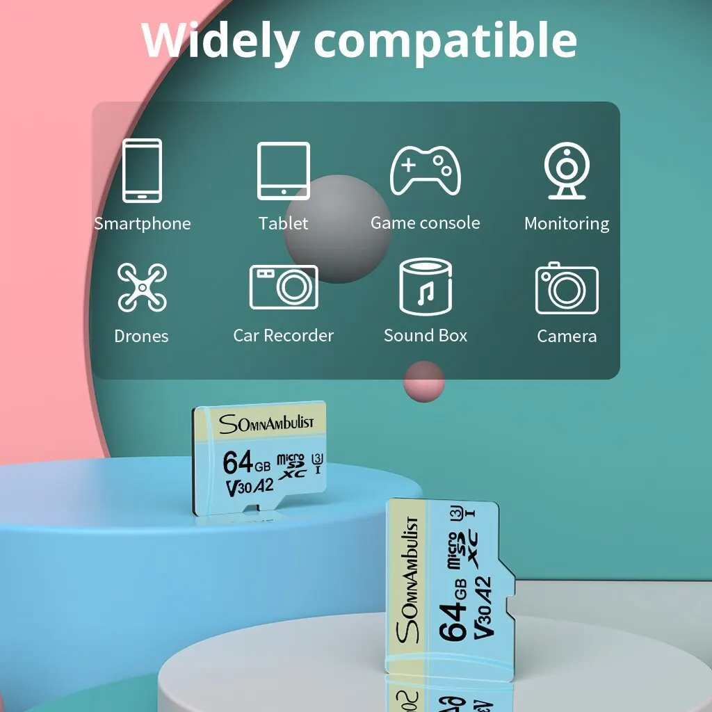 SomnAmbulist 휴대 전화 컴퓨터용 마이크로 SD 카드, 드론 감시 장치 카메라, 64GB A2 메모리 카드, Class10 U3 4K, 64GB