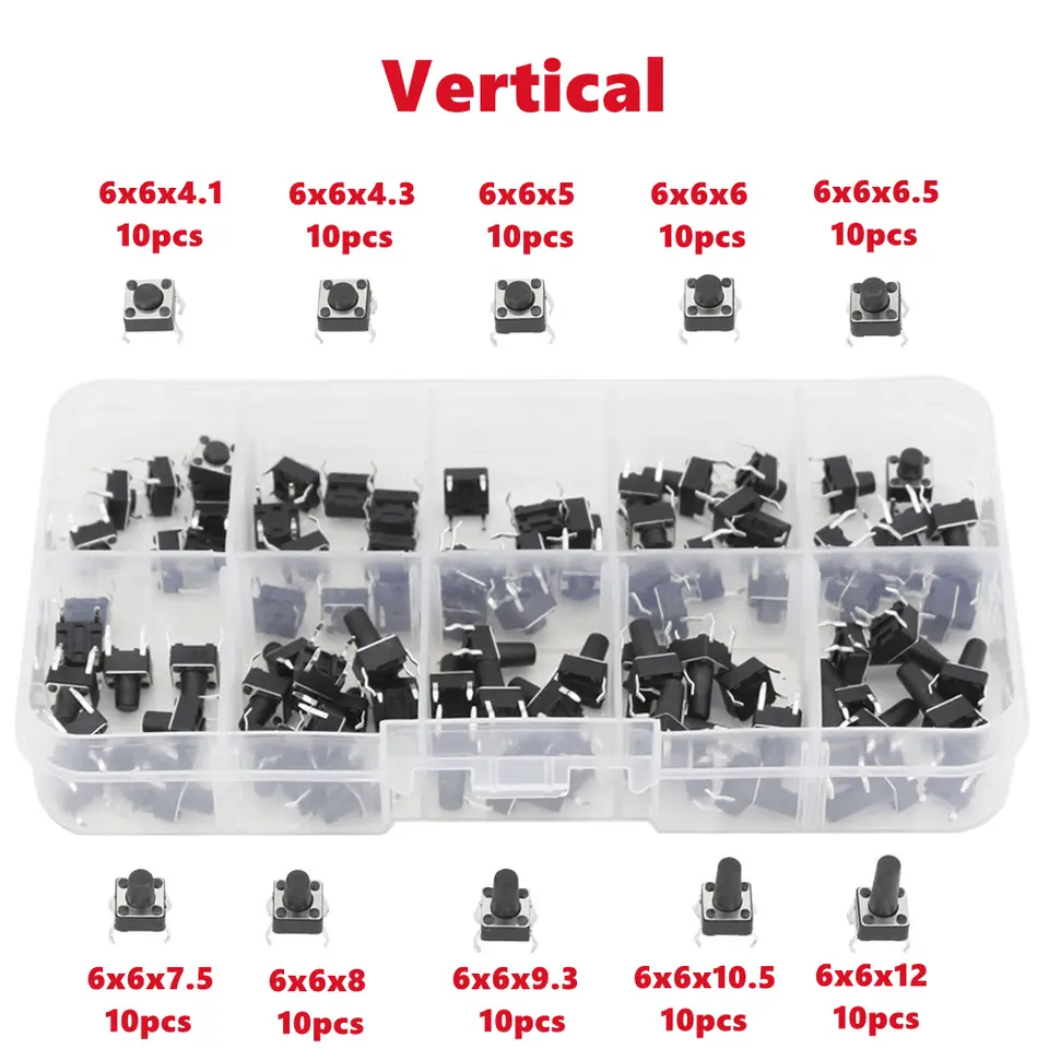 100 PCS 10 Models 6*6 Tact Switch Tactile Push Button Switch Kit Height: 4.1 5~12MM DIP 4P Micro Switch 6x6 Key Switch image 5