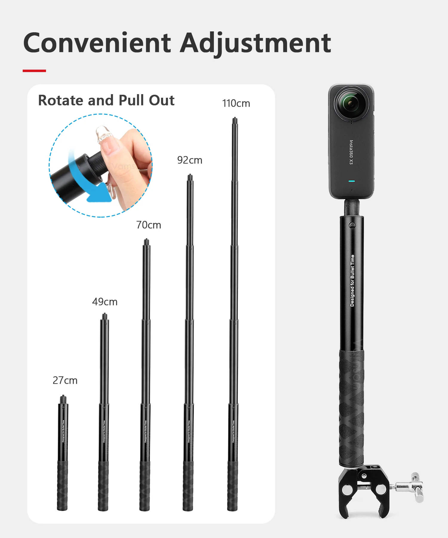 Bâton Selfie 3 M En Fibre De Carbone – Rallonge Invisible Pour GoPro/Insta360/DJI