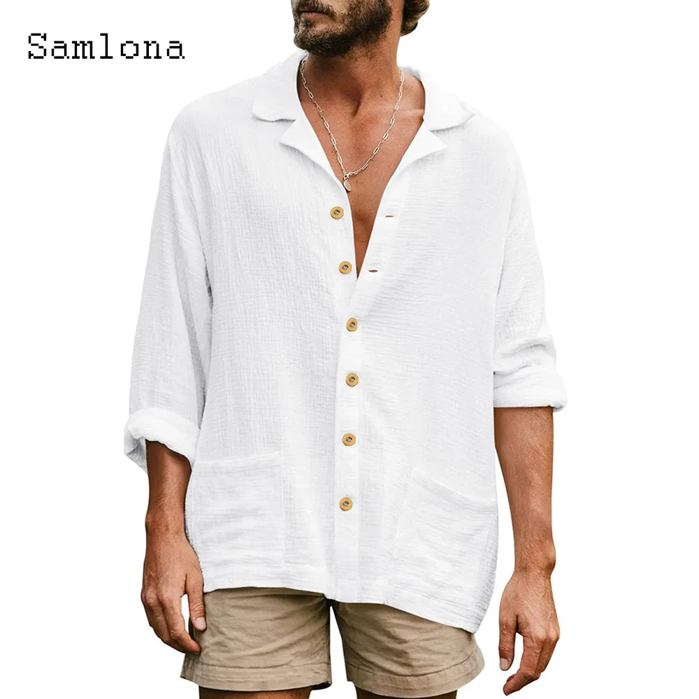 Men's Cotton Linen Blouse Men Long Sleeves Casual Beach Shirts White Khaki Camisa Shirt blusas Homme Ropa Mens Clothing 2024