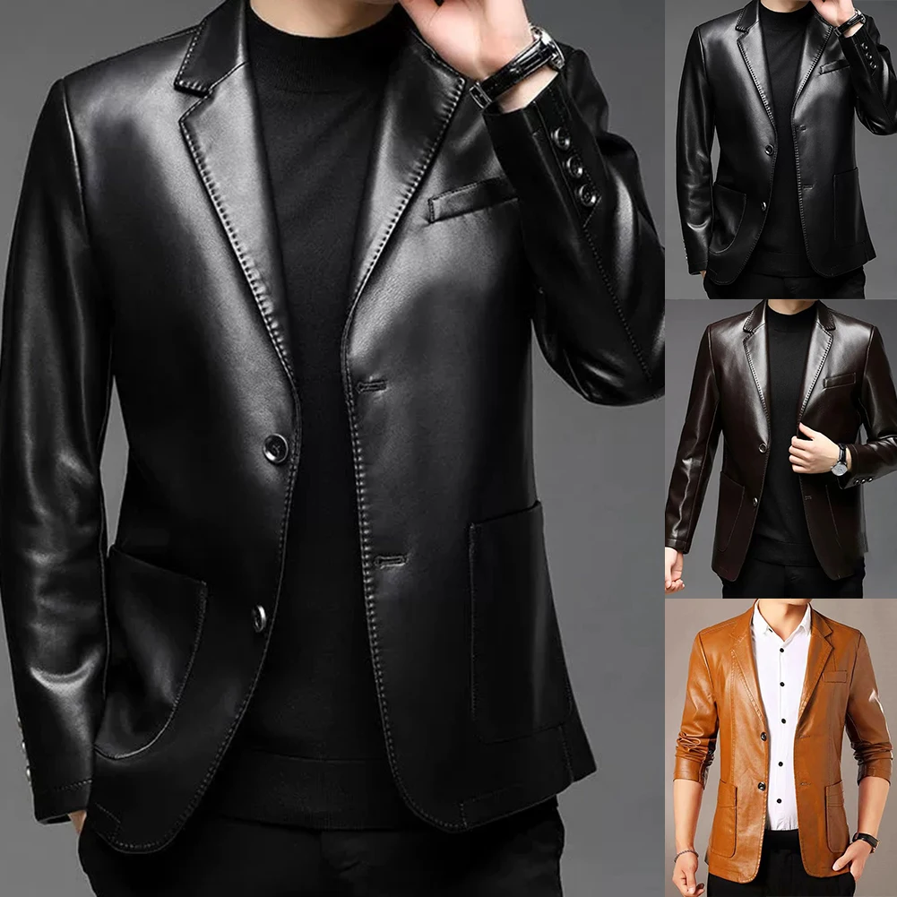 

Mens Leather Suit Jacket PU Leather Collar Casual Middle-aged Coat Thick Warm Add Velvet Buttons Suit Collar Casual Jackets Tops