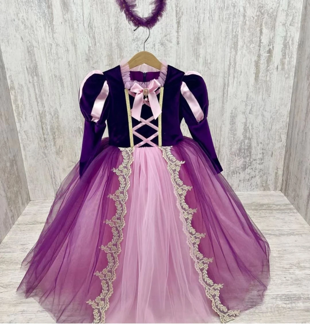

0-12Y Baby Girl Autumn Winter Purple Velvet Sofia Vintage Spanish Princess Ball Gown Long Dress for Christmas Eid Birthday