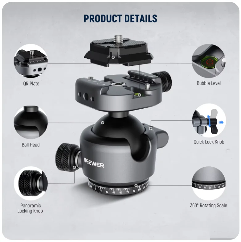 NEEWER GM41 Low Profile Tripod Ball Head 40mm Metal Panoramic Camera Mount Adapter with 1/4" Arca Plate For Peak Capture Camera