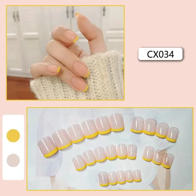 24pcs/box Fake Nails Press on Short Reusable with Designs Set French Artificial Pink False Tipsy Stick-on Nails Tips Art CX034