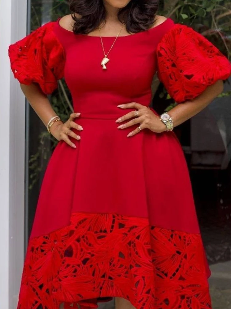 Women Red Dress Off Shoulder Lace Hollow Out Patchwork A Line Pleat Elegant Party Large Size Lady Female Homecoming Robes Gowns 1