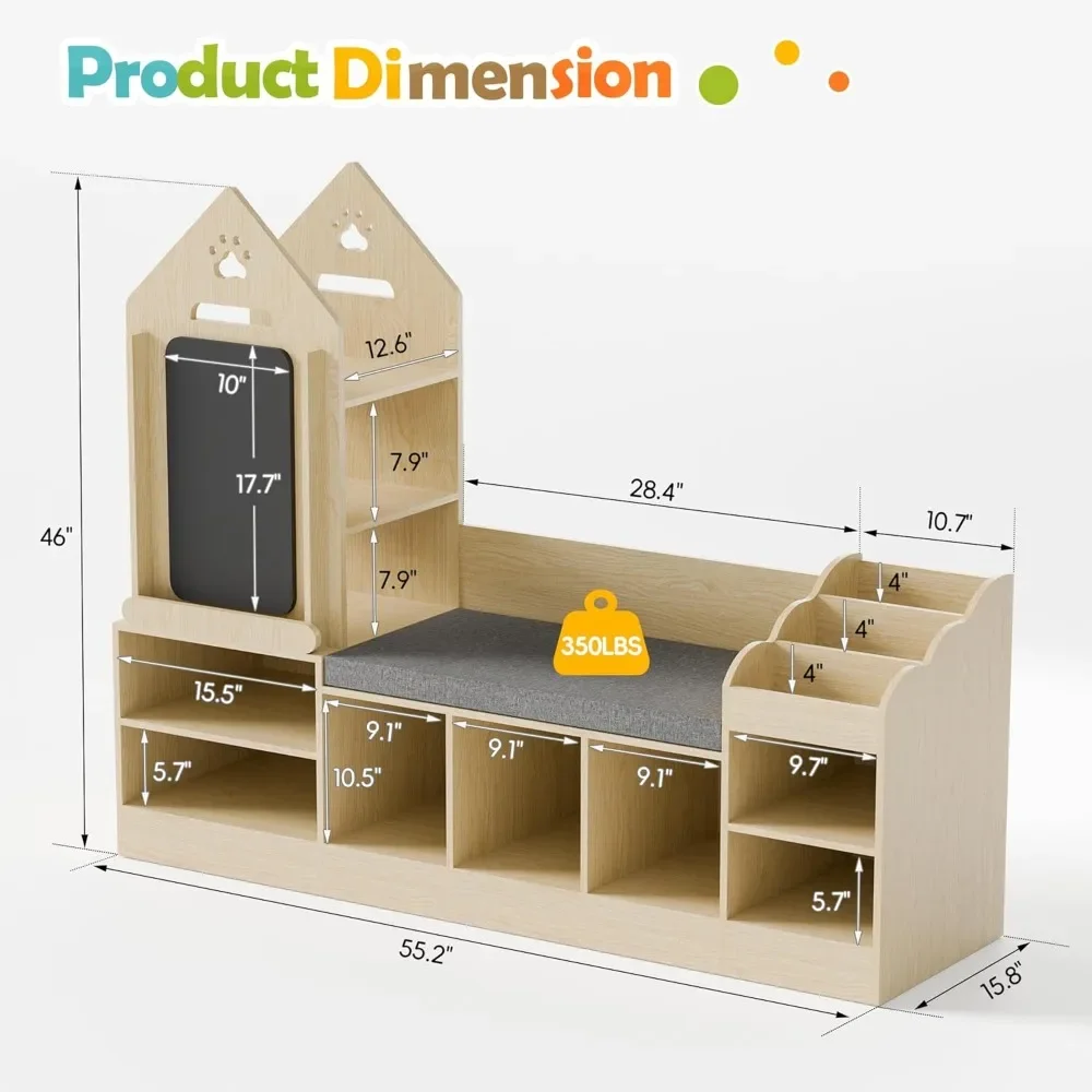 Kids Bookshelf with Reading Nook, Wooden Toy Storage Organizer with Chalkboard and Bench, Kids Reading Nook for Boys & Girls 2