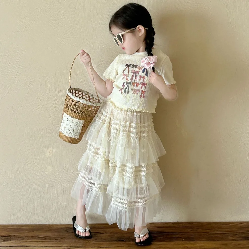 

Girls Short Sleeves Summer Korean Style 2024 Summer New Fashion Solid Color Bow Ruffles Beautiful Summer Children Clothes