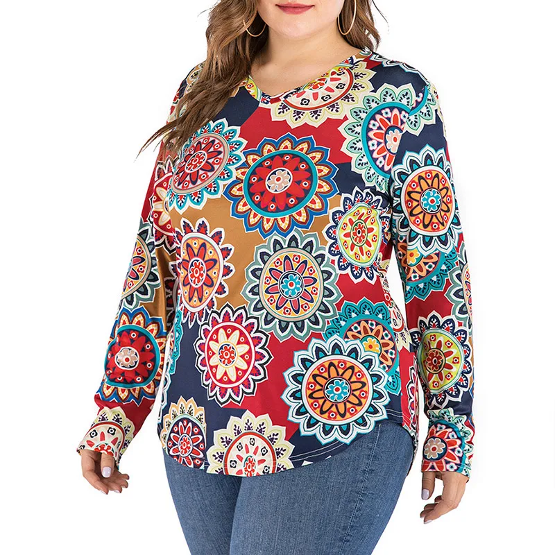 Spring Autumn Fashion Vintage Print Plus Size Lady T-shirt Simple Casual Oversized Top Woman Long Sleeve Elegant Female Clothes