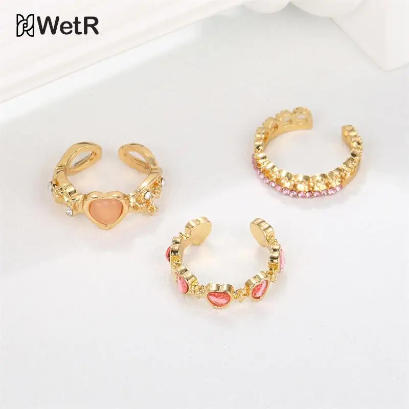 Y2k Pink Crystal Rings For Women Girls Heart Bowknot Ring Butterfly Finger Ring 3pcs/Set Romantic Fashion Party Jewelry Gifts 3