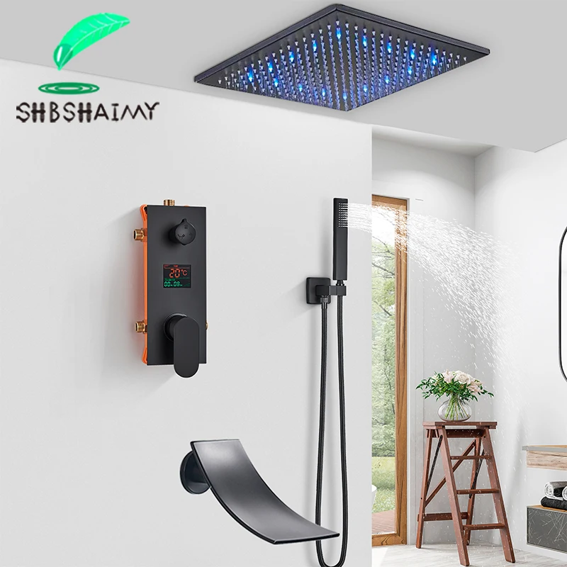 Black Concealed Shower Faucet LED Rainfall Shower Head Digital Display System Bathroom Tap Ceiling Install Taps shower head,bathroom faucet,bathroom shower faucet set