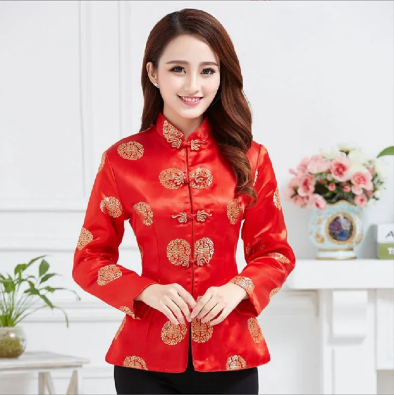 Women Chinese Traditional Red Long Sleeve Tang Suit High Quality Satin Jacket Wedding Party Birthday Coat Performance Clothing hanfu jacket