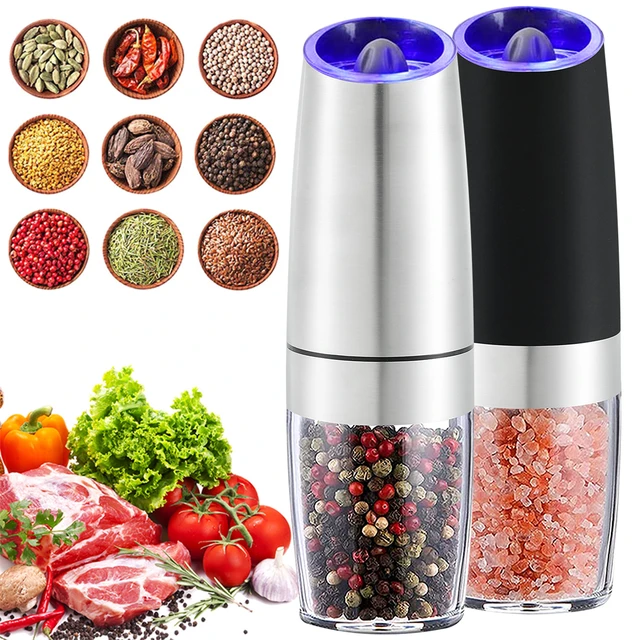 Automatic Gravity Salt and Pepper Grinder Set, Electric Ceramic Core Mills Shaker, Black and White