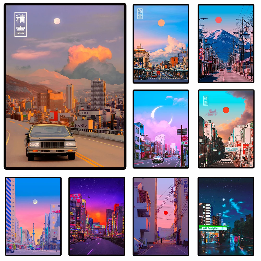 Magical Japan Sunset Scenery Poster E Stampe Contrasto Colore Supercar Urban Landscape Canvas Painting Home Wall Art Decor