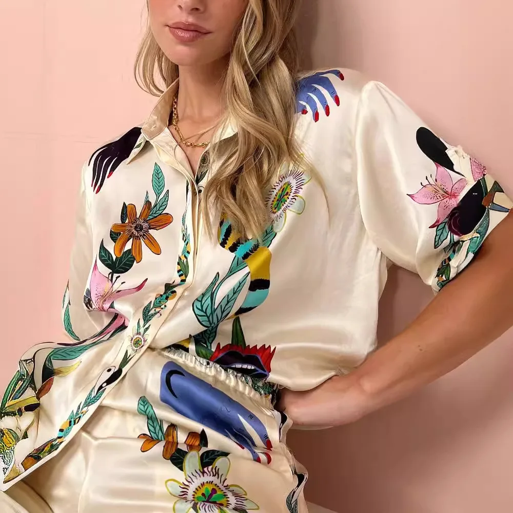 New Women Spring Chiffon Hand-Painted Printing Satin Surface Short Sleeve Lapel Collar Shirt Loose Trousers Casual Two Piece Set