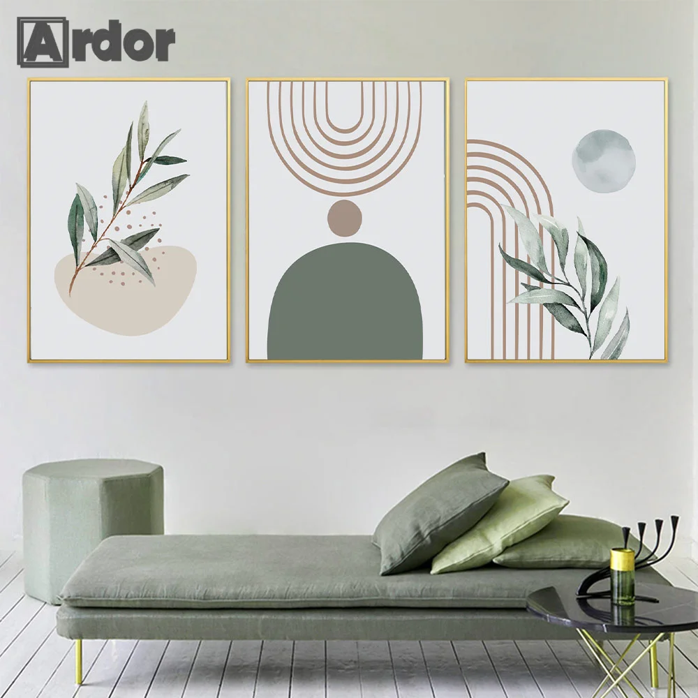 

Sage Green Boho Abstract Wall Art Canvas Painting Plants Leaf Poster Geometric Art Prints Wall Pictures Living Room Home Decor