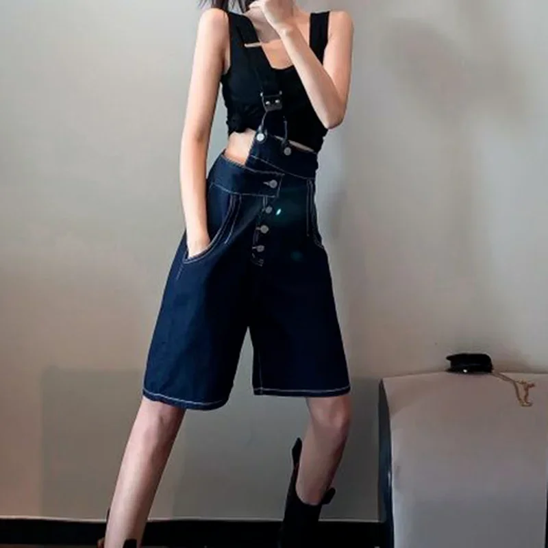 Ladies Summer One-shoulder Denim Overalls Knee-length Denim Trousers Loose One-shoulder Streetwear Overall Causal Jumpsuit