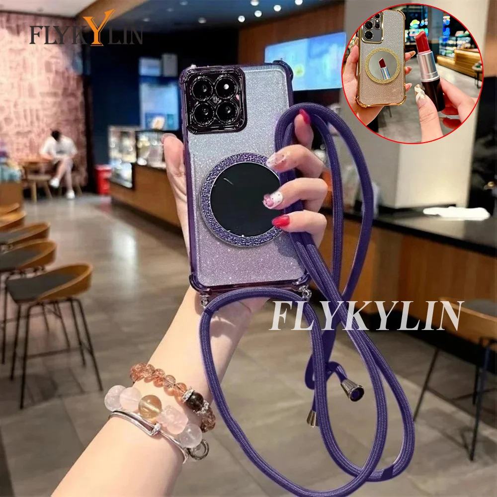 Mirror Magnetic Glitter Paper Protective Soft Shell with Long Strap Rope