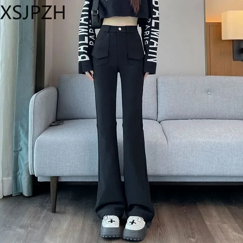 

Women's Pants High Waist Elasticed Plus Fleece Warm Slim Casual Trend Pants 2023 Autumn Winter New Slim Micro-flared Trousers