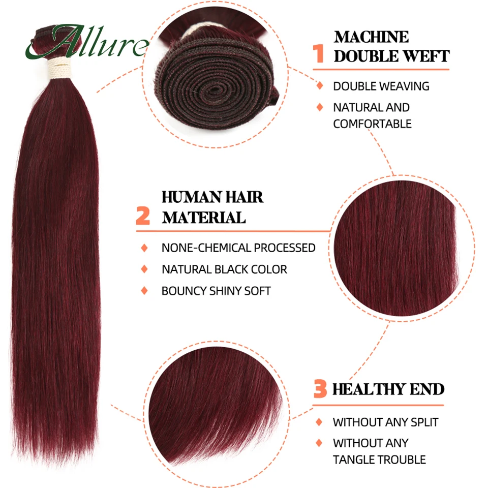99J Straight Human Hair Bundles Wine Red Human Hair Extenstion 12A Remy 1/3 Pcs Straight Bundles Allure