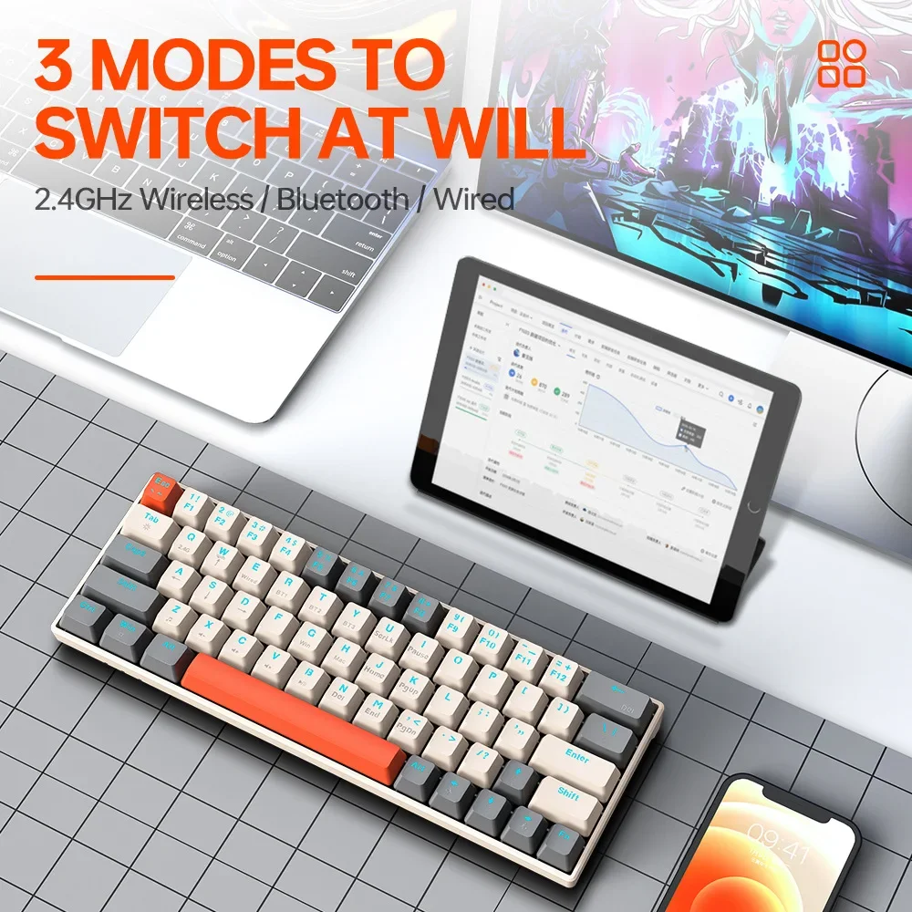 

T30 Mechanical Keyboard RGB Backlight Wired/wireless 2.4G Bluetooth Tablet Desktop Computer E-sports Game 63 Keys Keyboard