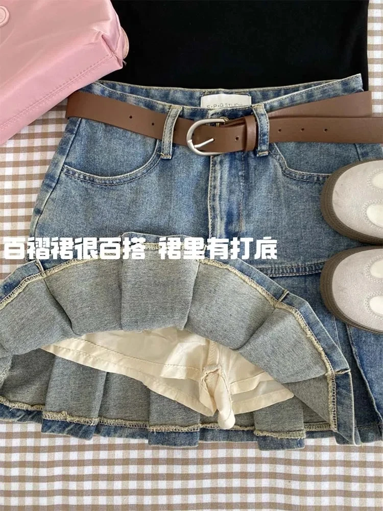 

Women Blue A-line Pleated Denim Skirt 90s Vintage Y2k Mini Cowboy Skirt Harajuku Korean Jean Skirt 2000s Fashion Clothes Summer