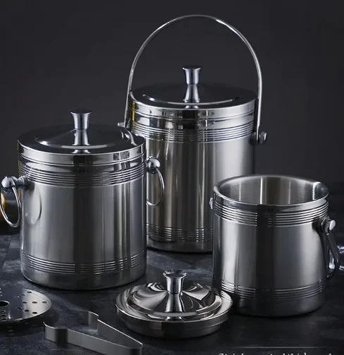 

304 1L/1.4L/2L Stainless Steel Ice Bucket Portable Double Wall Insulated with Lid Hotel Champagne whiskey Beverage beer tools