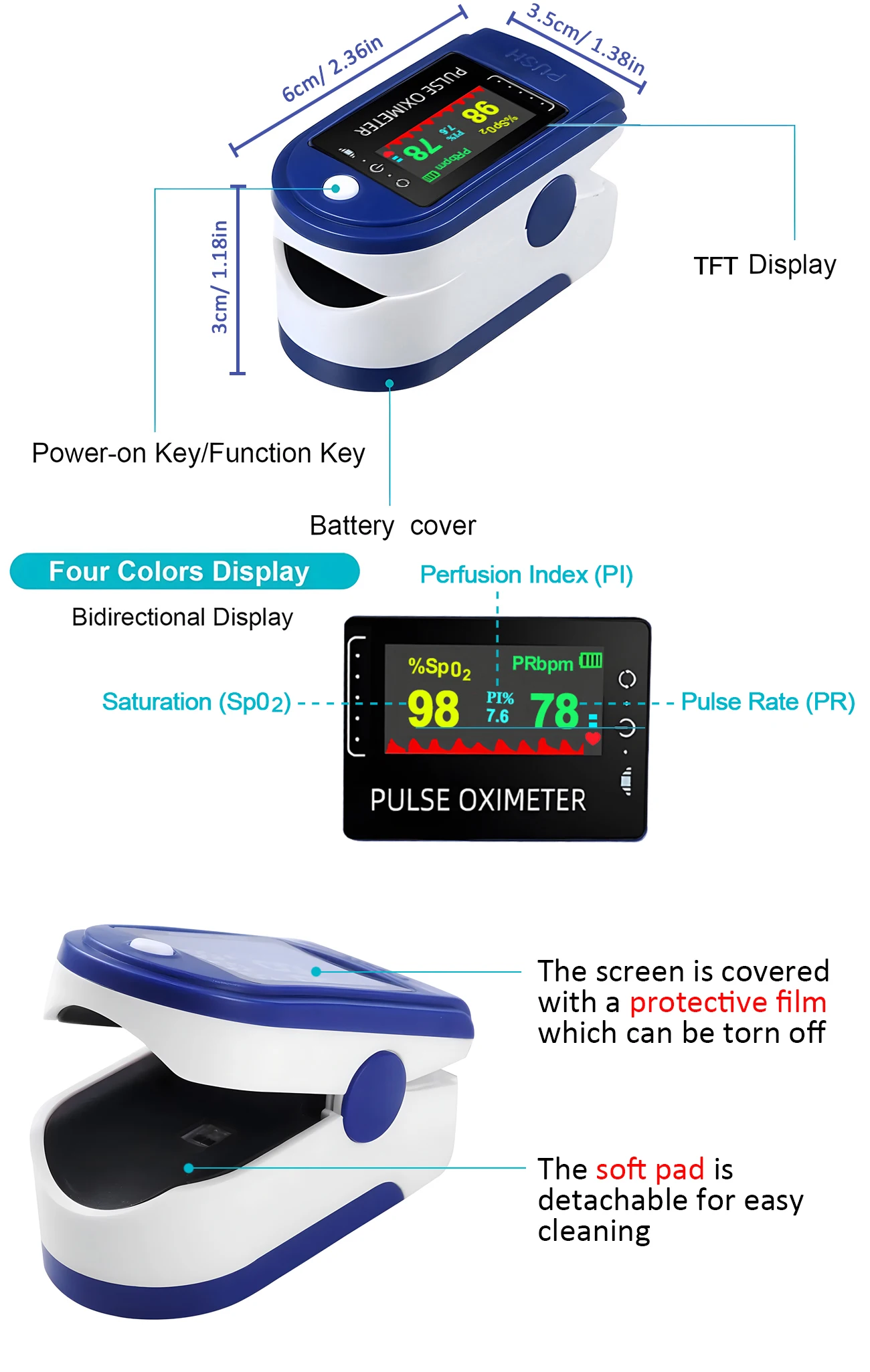 Страничен изглед на устройството оксиметър с щипка за пръст