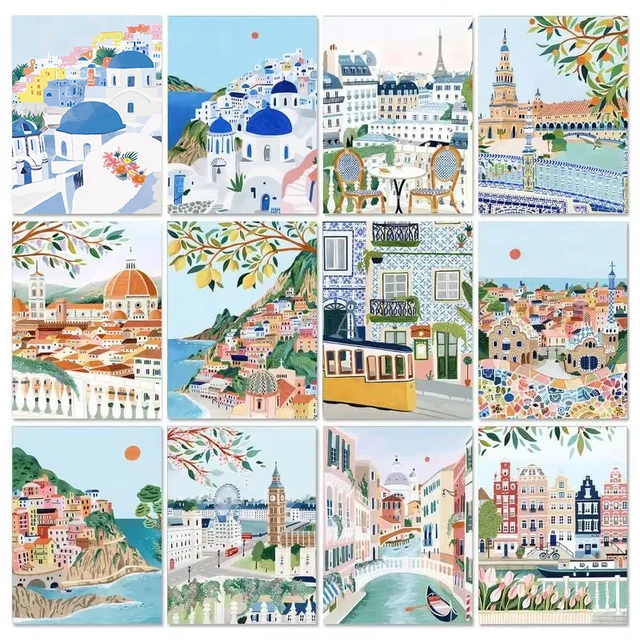 Gatyztory paysage urbain peinture par numéros pour adultes Kits de bricolage peinture acrylique abstraite bricolage toile peinture dessin coloriage par numéro 1