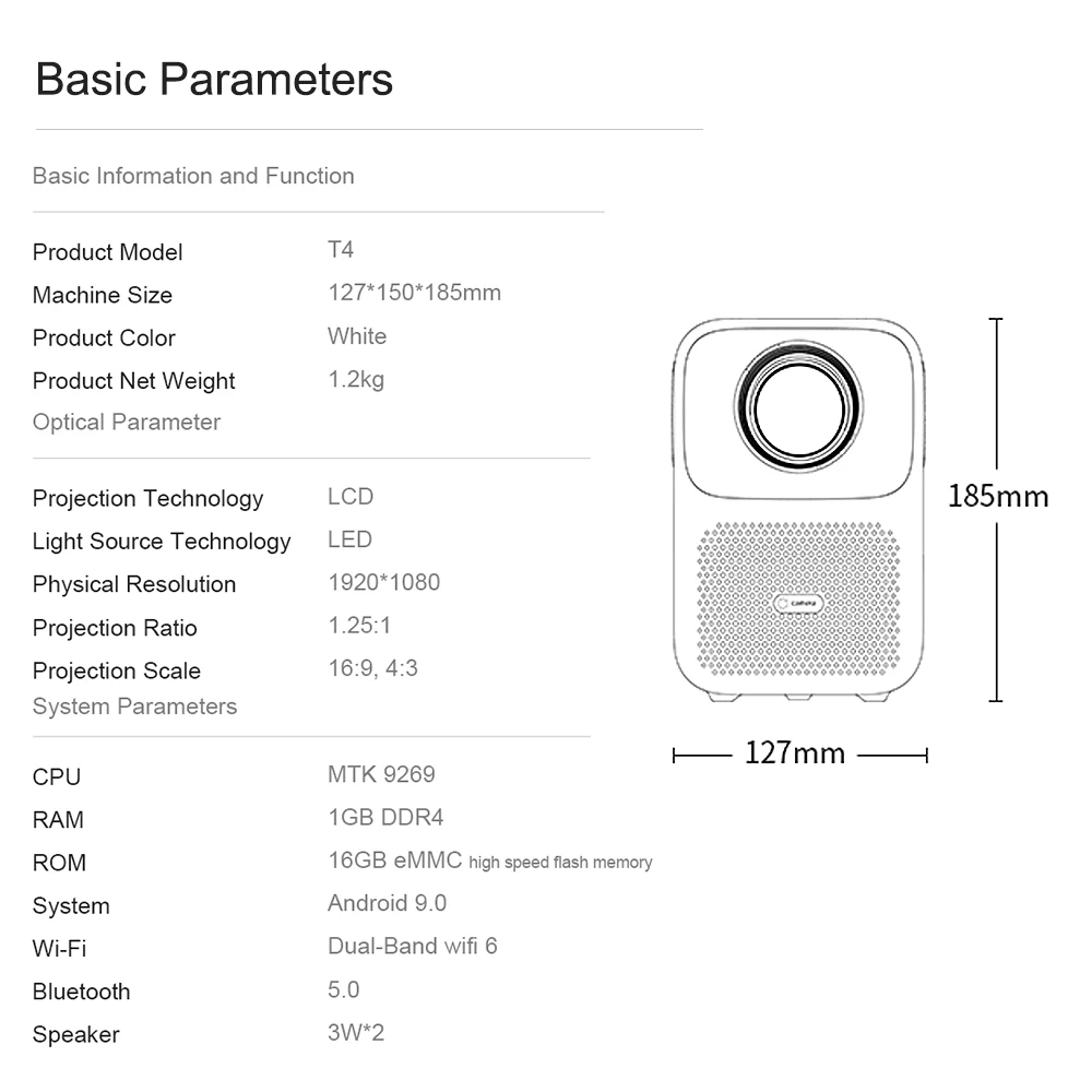 Xiaomi Wanbo T4 Proyector Portátil 4K FullHD HDR10 450 Lúmenes Blanco
