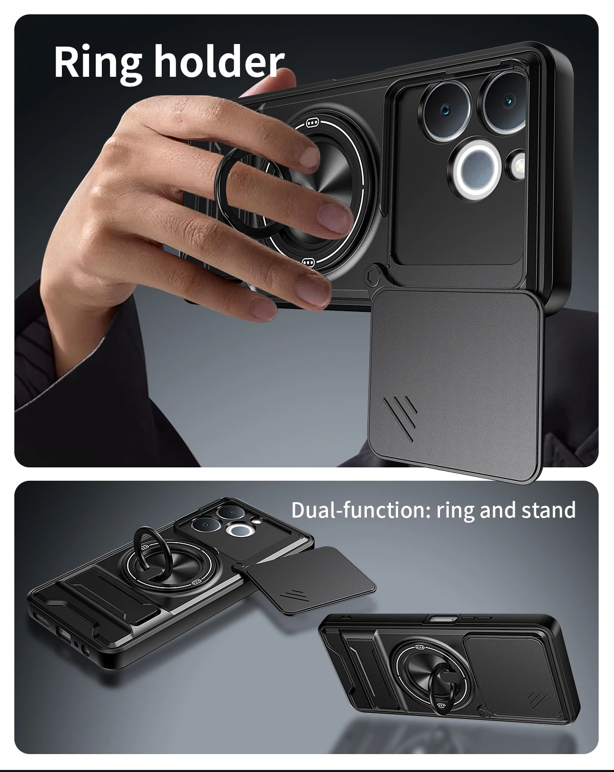Armor Shockproof Phone Case with Sliding Camera Cap and Built-in Magnet Ring Kickstand