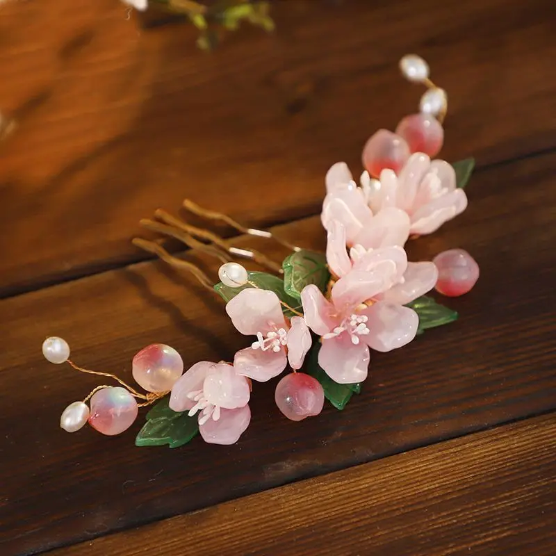 

Hanfu Hairpin Headdress Women Chinese Ancient Vintage Pink Glazed Flowers Hairpin Hanfu Headdress Hair Comb Forks