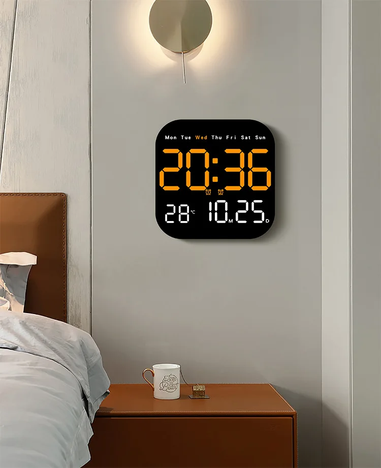 Digital Wall Clock with Temperature and Date - LED Alarm Clock 1224H Remote Control