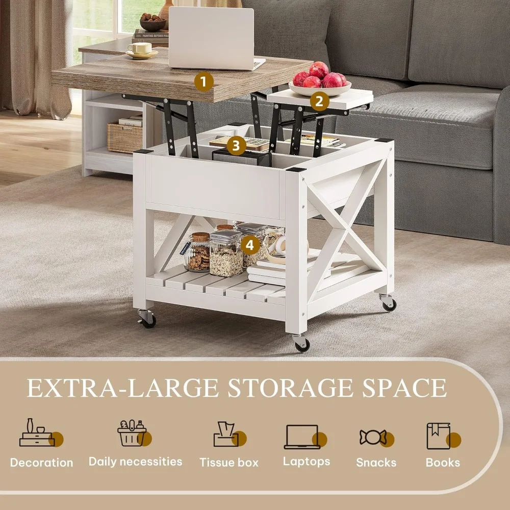 Lift Top Coffee Table with Wheels Farmhouse Square Center Table with Storage Compartment Rolling Coffee Table 5