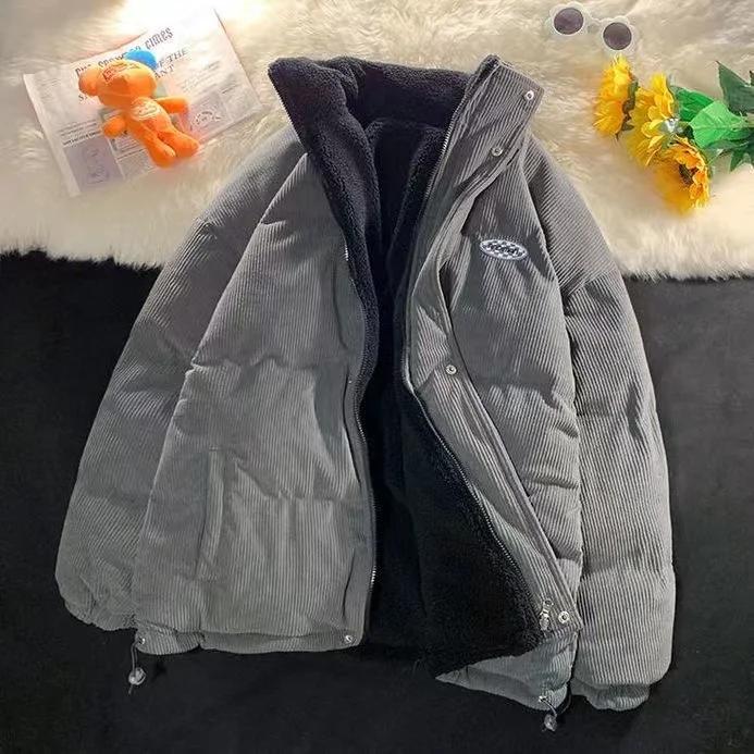 

Winter Women Corduroy Double-sided Jacket Lamb Fleece Cotton Coat Casual Fashion Thick Warm Clothes Zip Loose Harajuku Outerwear