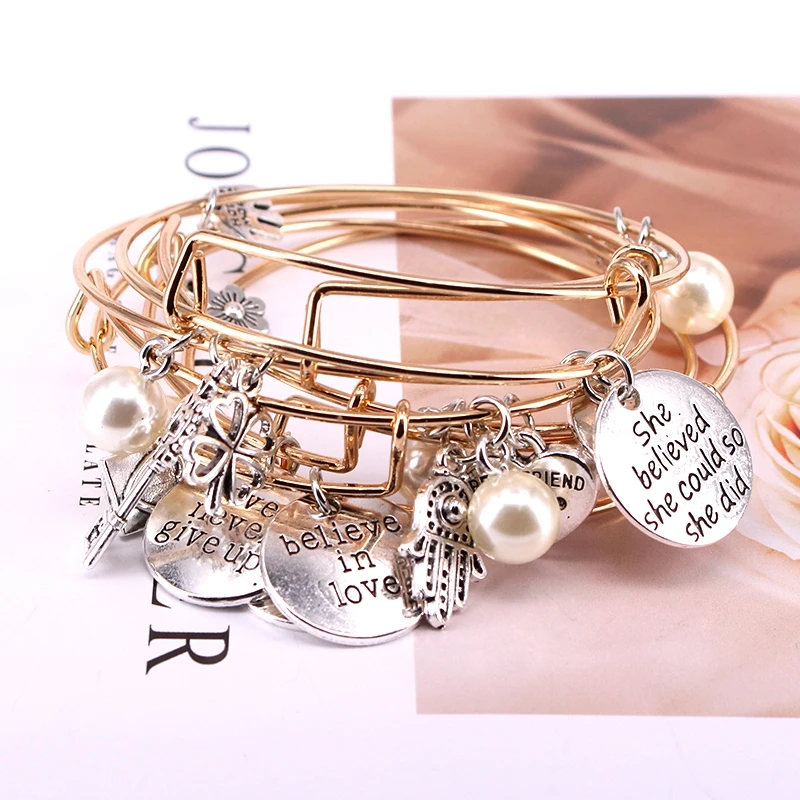 5pcs Bangle Set Letter Charm Bracelets for Women Imitation Pearls Charms  Bangles Cuff Jewlery E42